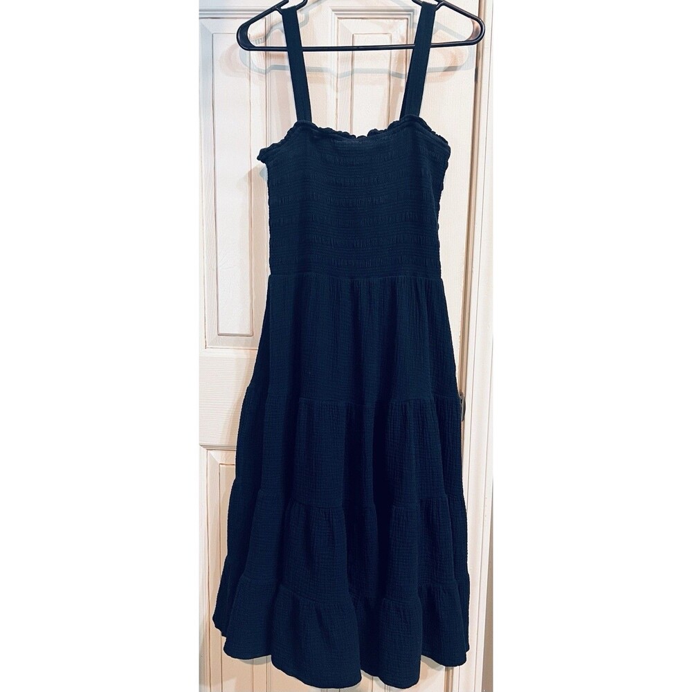 C&C California Navy Smocked Square Neck Strappy Midi Dress Size M Cotton Tiered